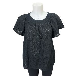 Madewell Eyelet Flutter-Sleeve Top in Black Cotton Classic‎ Chic size small